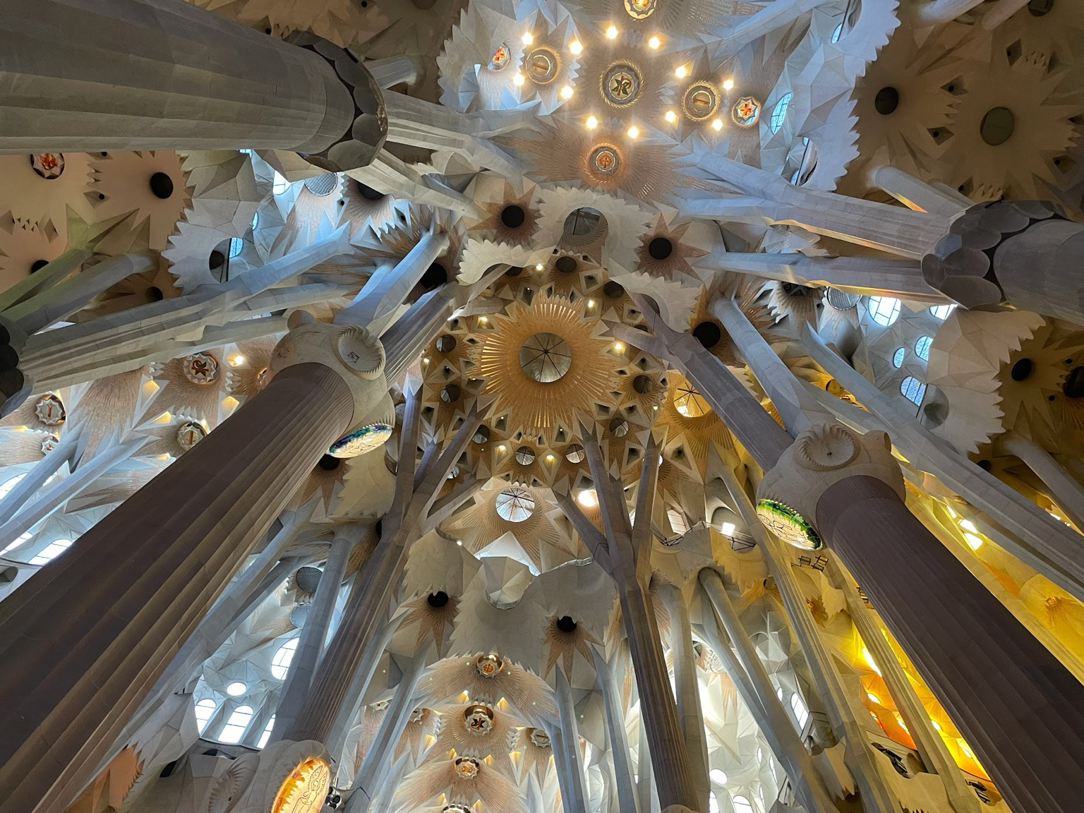 Inside the Sagrada Família, looking up at the ceiling.